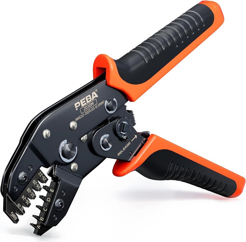 PEBA Micro Connector Pin Crimping Tool 0.03-0.5mm² 32-20AWG Ratcheting Crimper for 2.0mm, 2.5mm, 2.54mm, 3.0mm Pitch JST PH, Dupont, Open Barrel Connectors, D-Sub, suits Molex, JST, JAE - Image 1